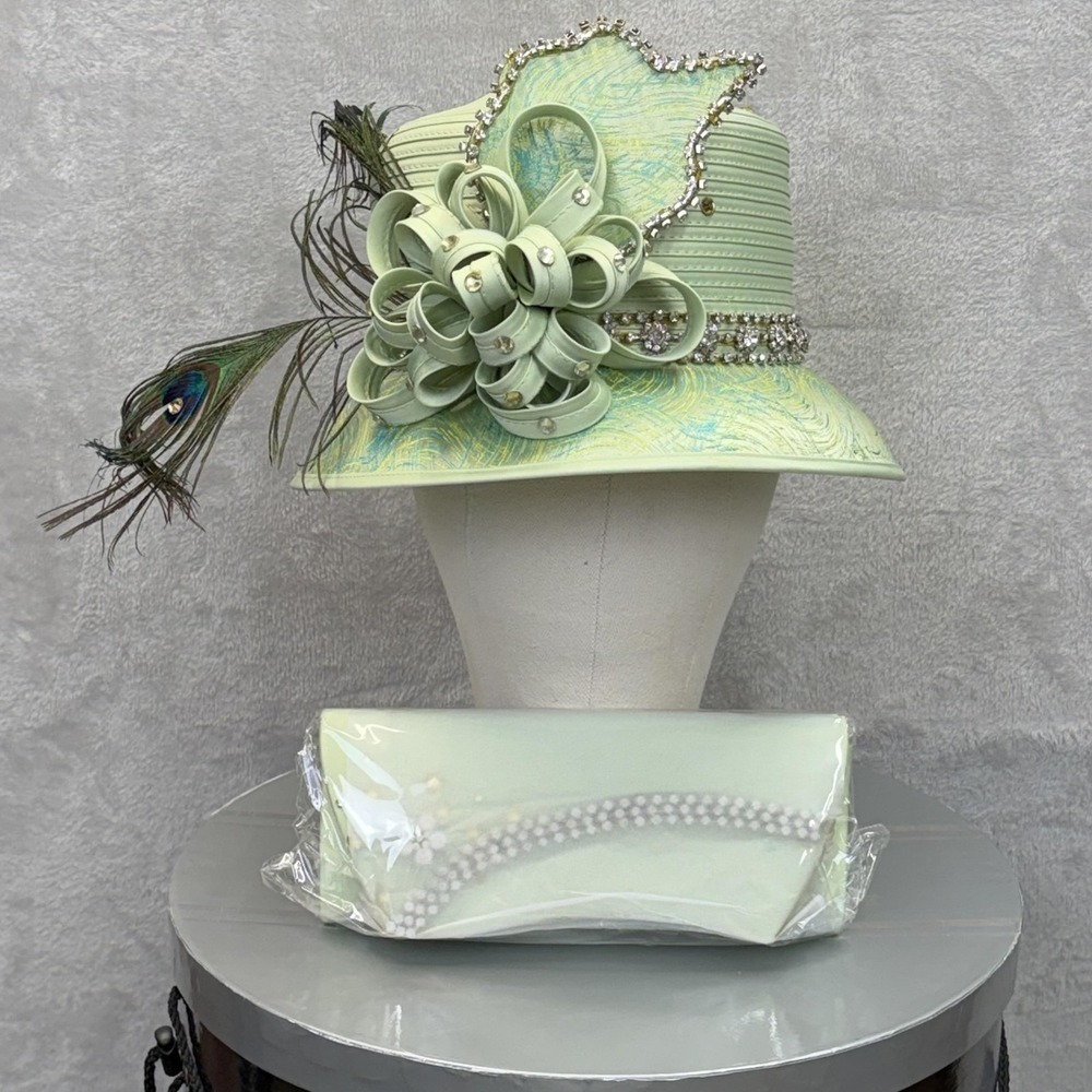 Elite Champagne Hat & Purse SET Green Brocade Peacock Feathers Derby Church